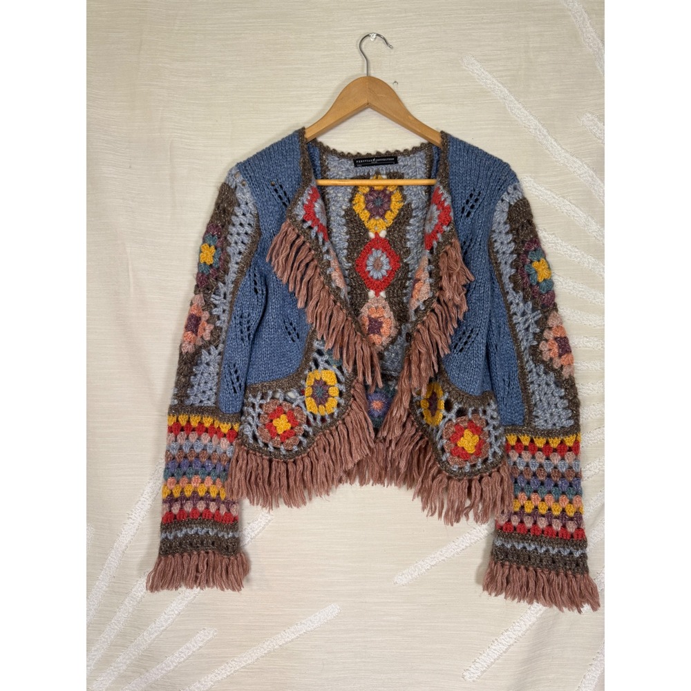 Peruvian Connection Lookout Mountain Bolero Alpaca Crochet Fringe Cardigan Boho - Picture 2 of 8